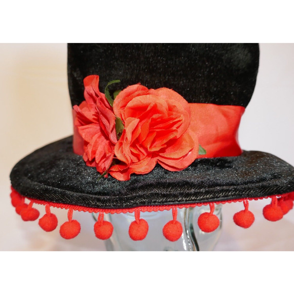 Day of The Dead Black Costume Hat with Red Flowers and Ribbon - Picture 8 of 10